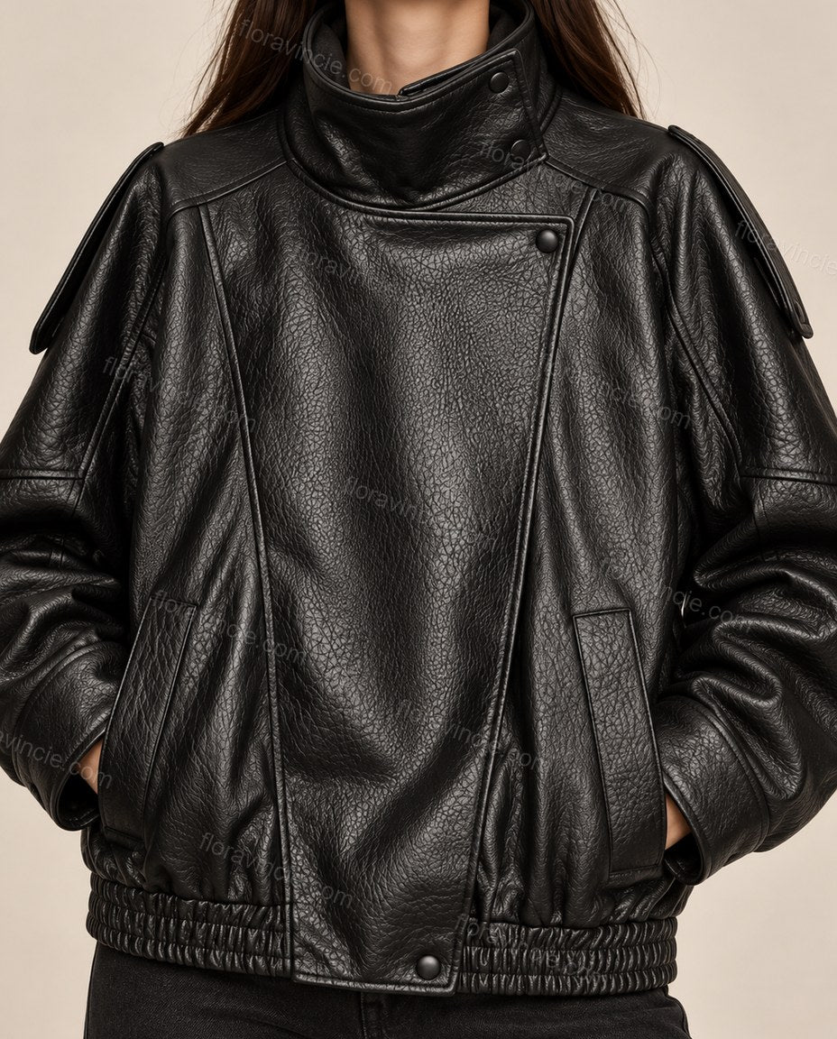 Black Asymmetric Jacket, close-up of asymmetrical zip closure, notched lapels and snap button details, by Floravincie