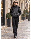 Black Asymmetric Jacket, walking lifestyle view, by Floravincie