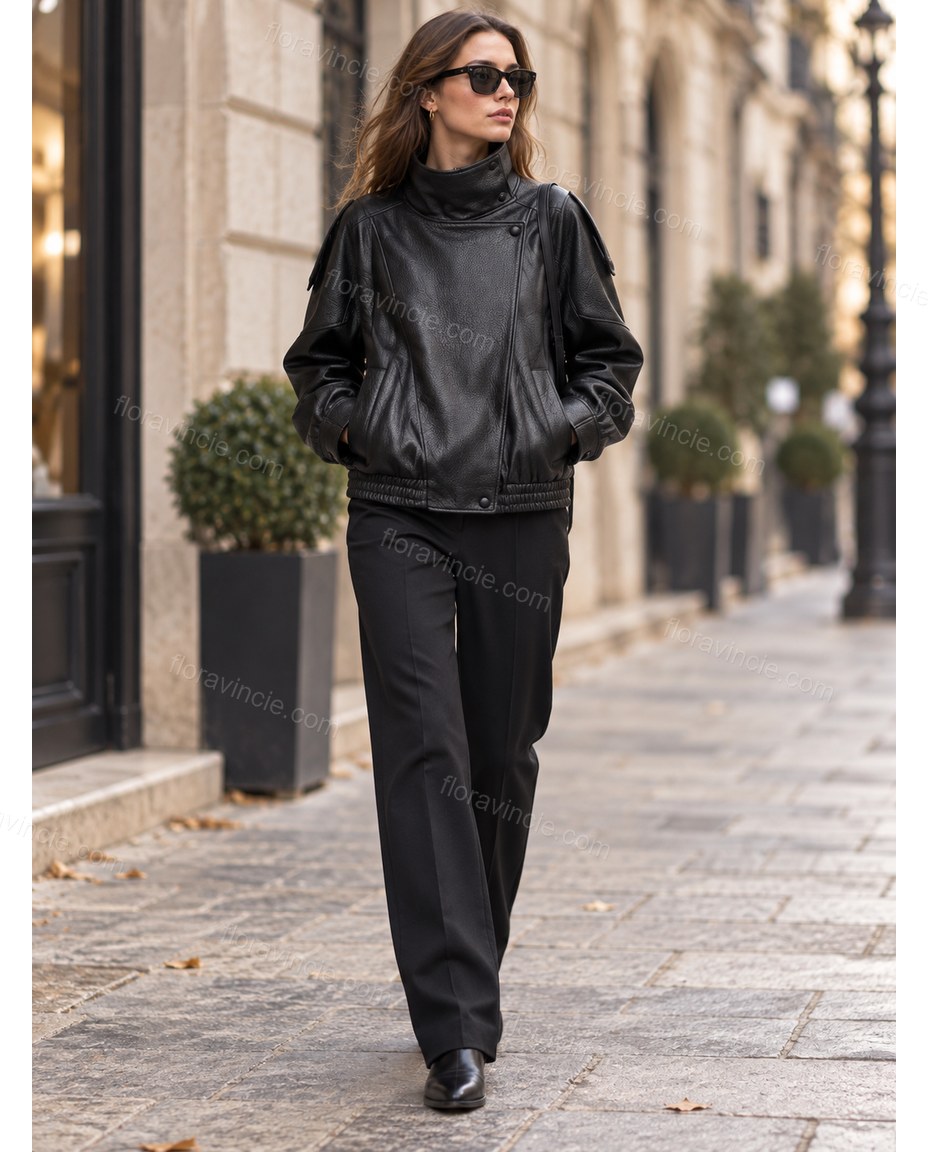 Black Asymmetric Jacket, walking lifestyle view, by Floravincie