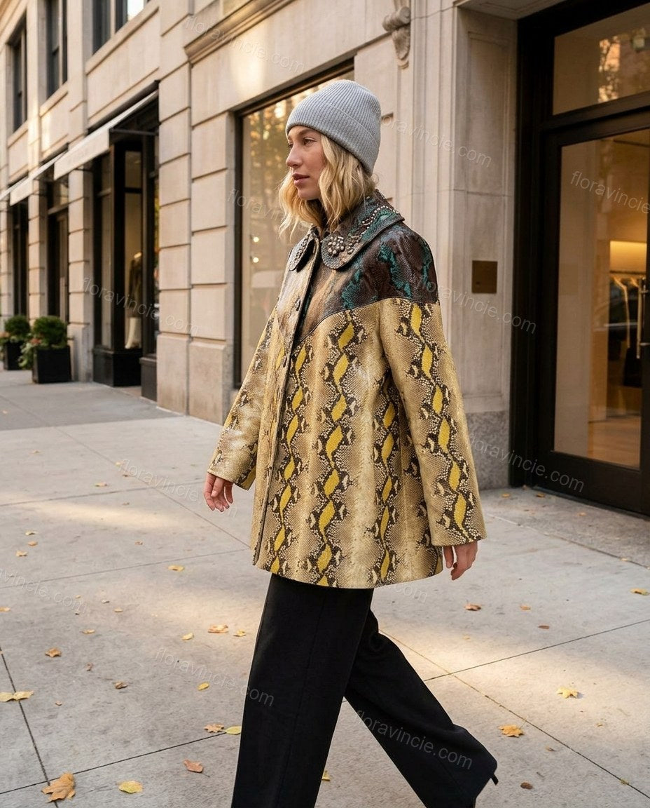 Tan Animal Print Jacket, three-quarter brand lifestyle view, by Floravincie