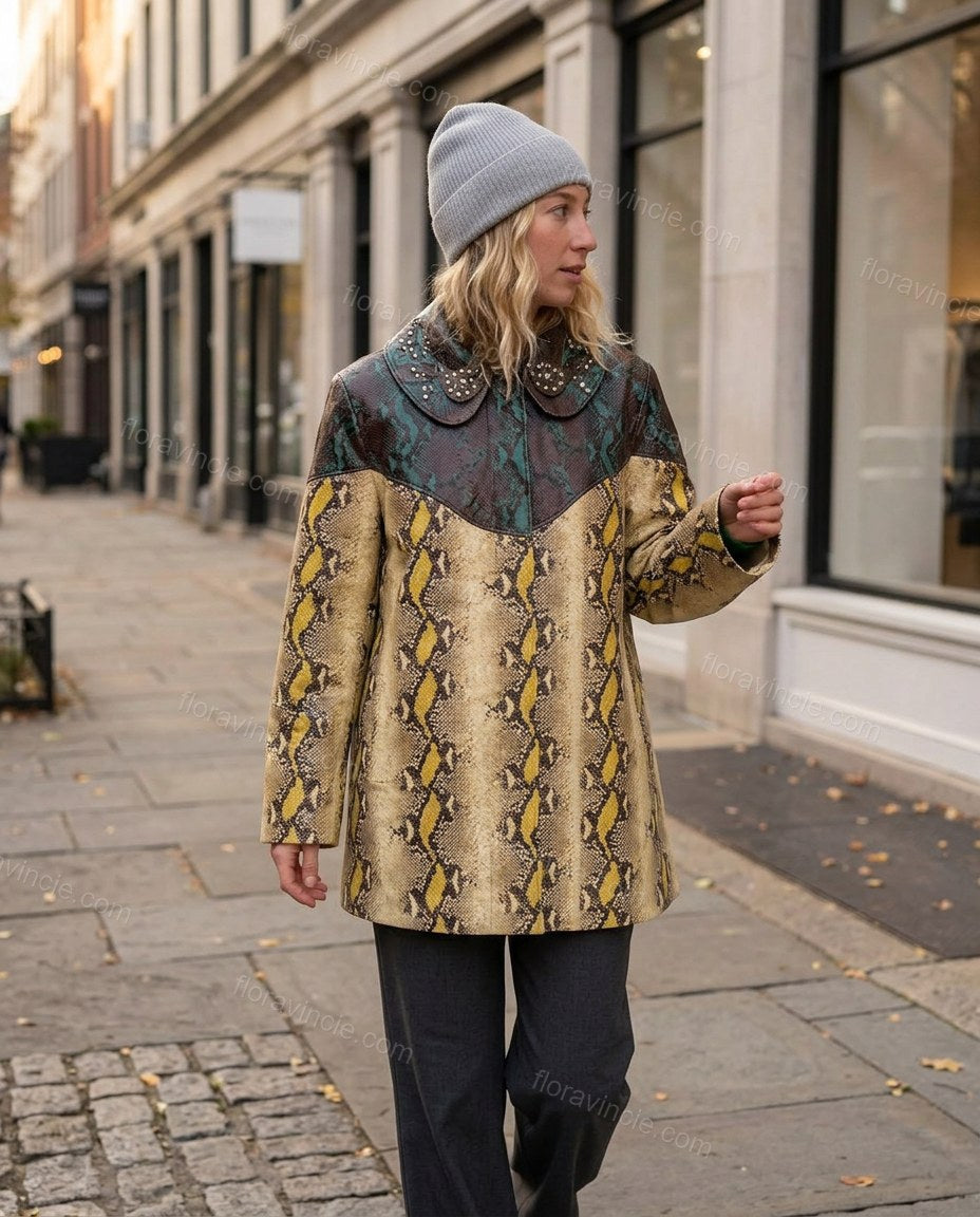 Tan Animal Print Jacket, movement and fit lifestyle view, by Floravincie