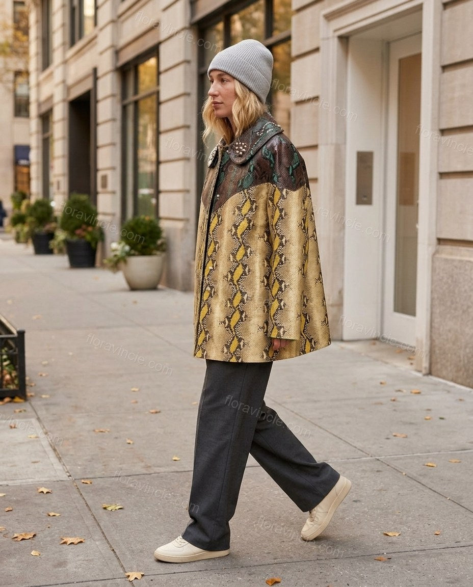 Tan Animal Print Jacket, walking lifestyle view, by Floravincie