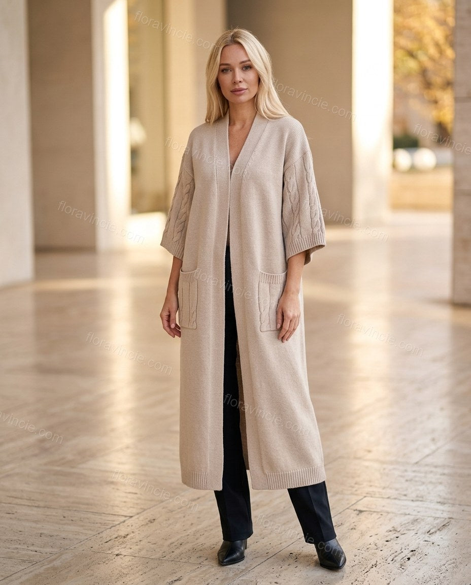 Light Beige Knit Cardigan, three-quarter brand lifestyle view, by Floravincie