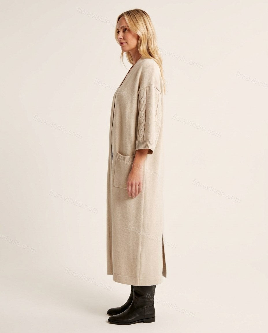 Light Beige Knit Cardigan, side and back studio view, by Floravincie