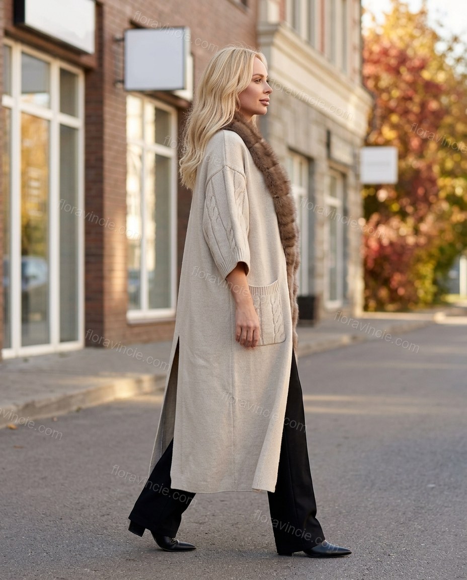 Light Beige Knit Cardigan, movement and fit lifestyle view, by Floravincie