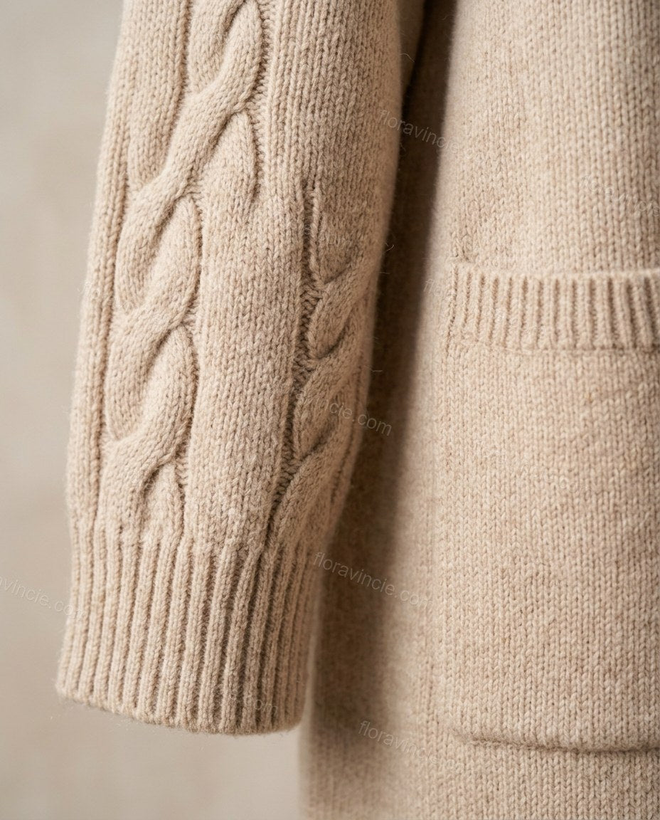 Light Beige Knit Cardigan, close-up of patch pockets, side slits and knit sleeves, by Floravincie