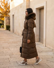 Brown Coat, movement and fit lifestyle view, by Floravincie