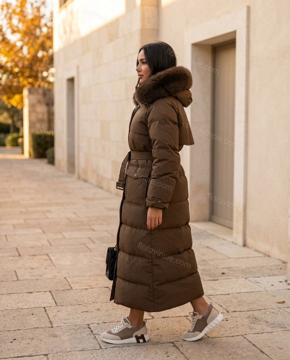 Brown Coat, movement and fit lifestyle view, by Floravincie