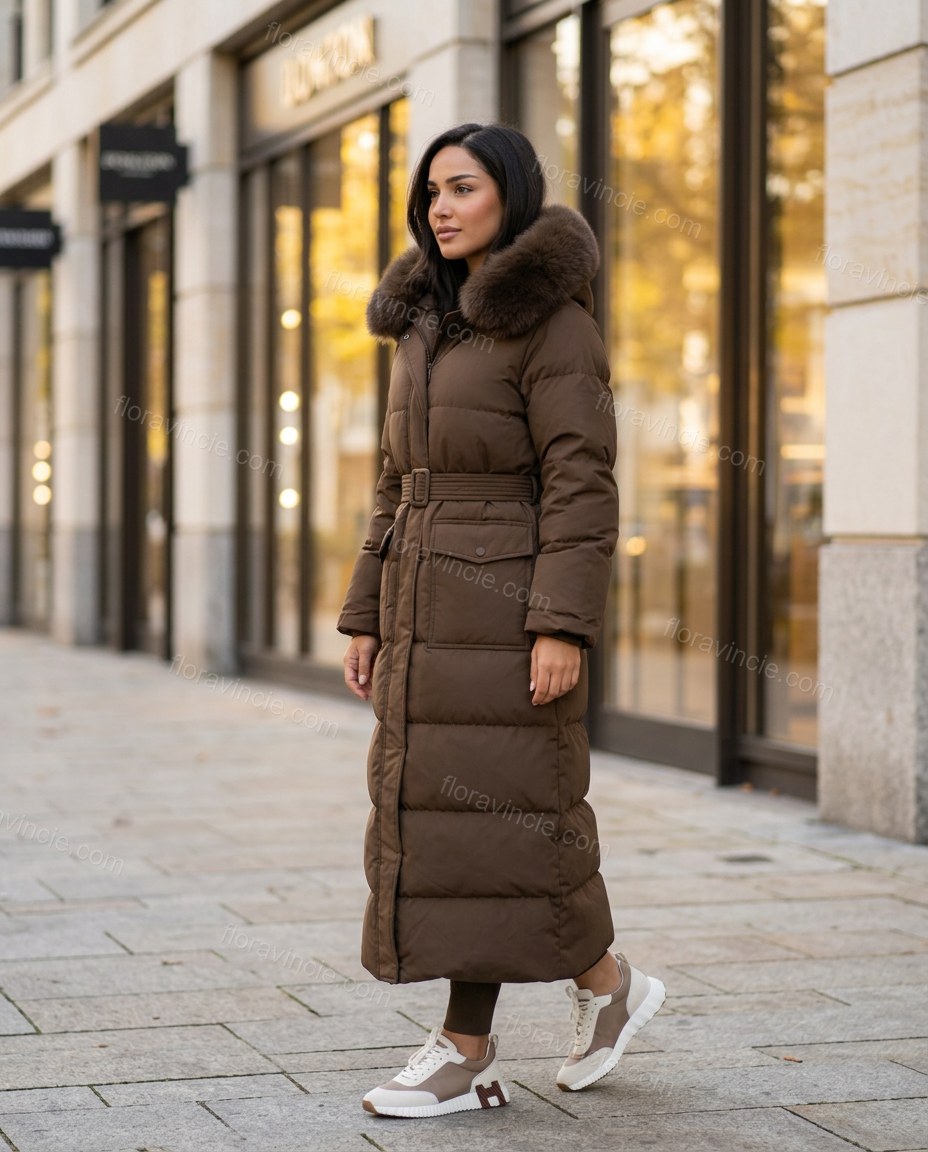 Brown Coat, three-quarter brand lifestyle view, by Floravincie