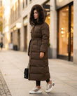 Brown Coat, walking lifestyle view, by Floravincie