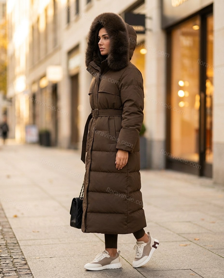 Brown Coat, walking lifestyle view, by Floravincie