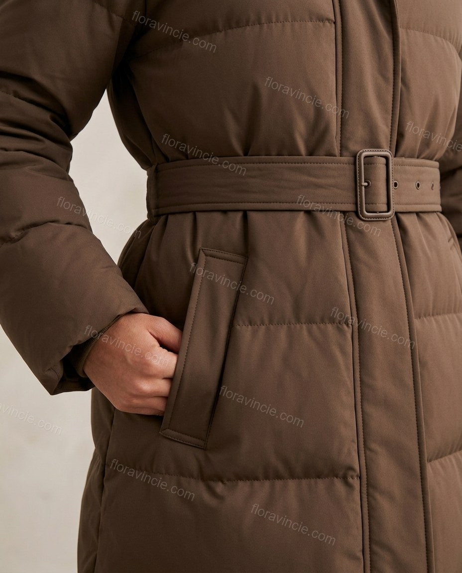 Brown Coat, close-up of dark brown accents, hood and fur trim, by Floravincie