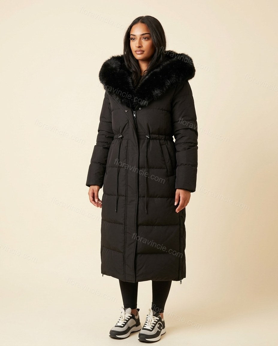 Black Faux-Fur Coat, full-length hero view, by Floravincie