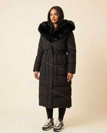 Black Faux-Fur Coat, full-length hero view, by Floravincie