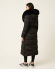 Black Faux-Fur Coat, back studio view showing long padded coat with hood and drawstring waist, by Floravincie