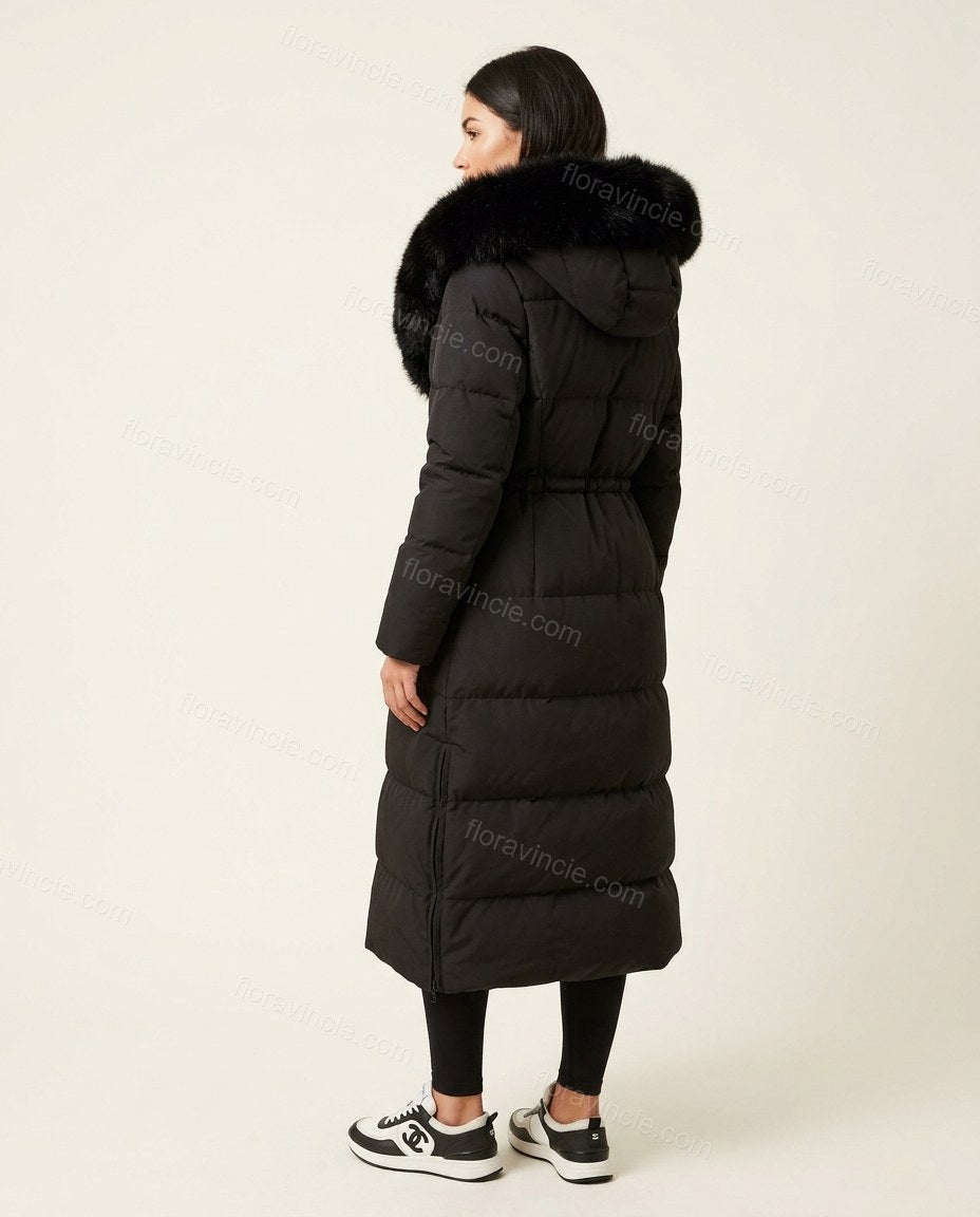 Black Faux-Fur Coat, back studio view showing long padded coat with hood and drawstring waist, by Floravincie