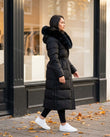 Black Faux-Fur Coat, movement and fit lifestyle view, by Floravincie
