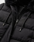 Black Faux-Fur Coat, close-up of hood, faux fur trim and quilted construction, by Floravincie
