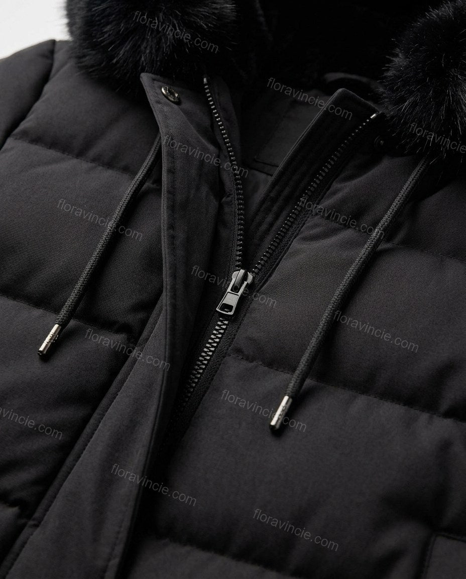 Black Faux-Fur Coat, close-up of hood, faux fur trim and quilted construction, by Floravincie