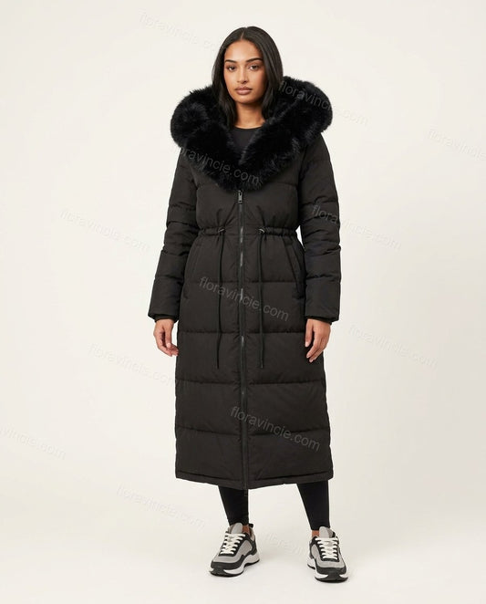 Black Faux-Fur Coat, front studio view, by Floravincie