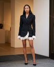 Black Mini Ruffled Lace Dress, full-length hero view, by Floravincie