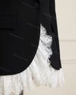 Black Mini Ruffled Lace Dress, close-up of white accents, notched lapels and flap pockets, by Floravincie