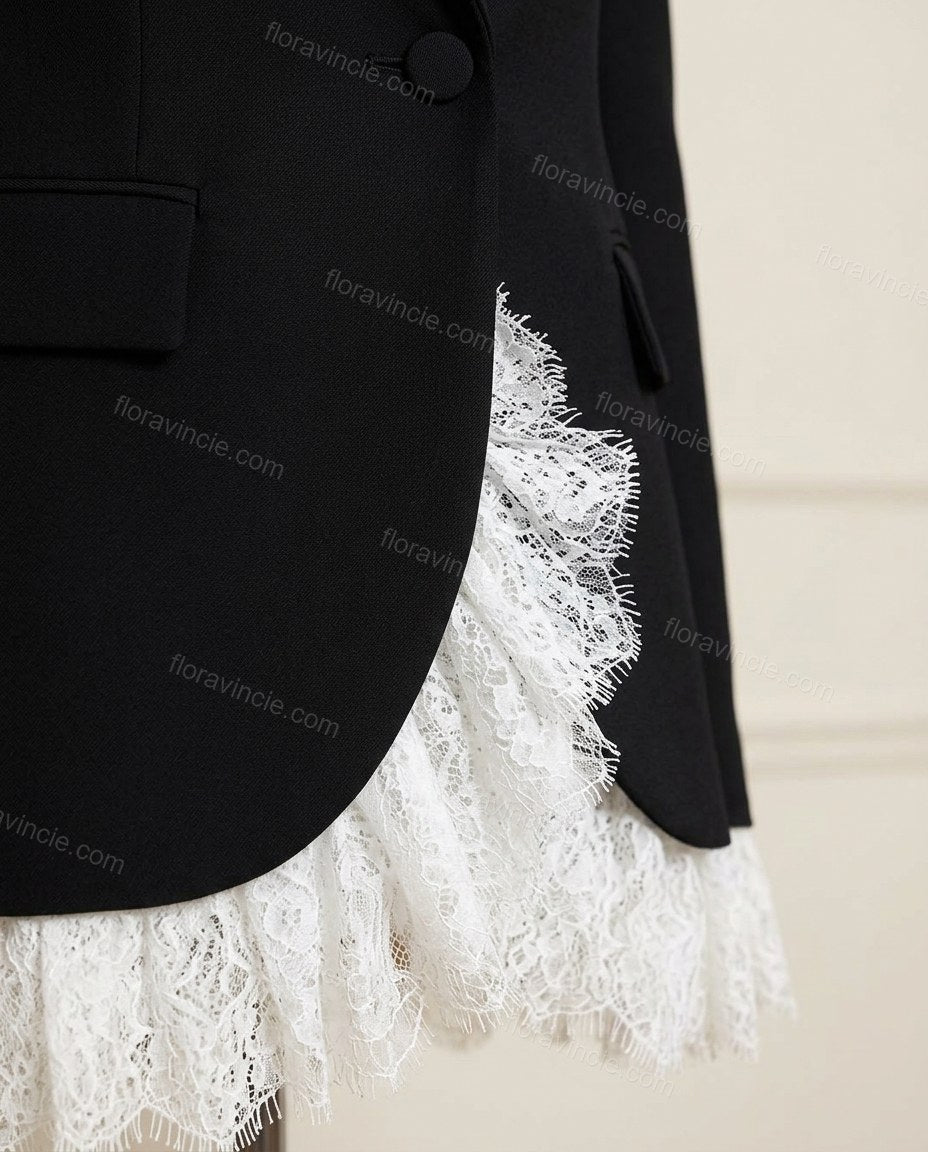 Black Mini Ruffled Lace Dress, close-up of white accents, notched lapels and flap pockets, by Floravincie