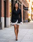 Black Mini Ruffled Lace Dress, movement and fit lifestyle view, by Floravincie