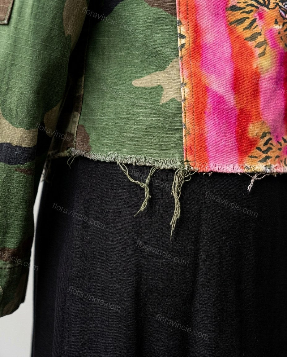 Green Jacket, close-up of brown and black accents, button-front closure and chest pockets with flaps, by Floravincie