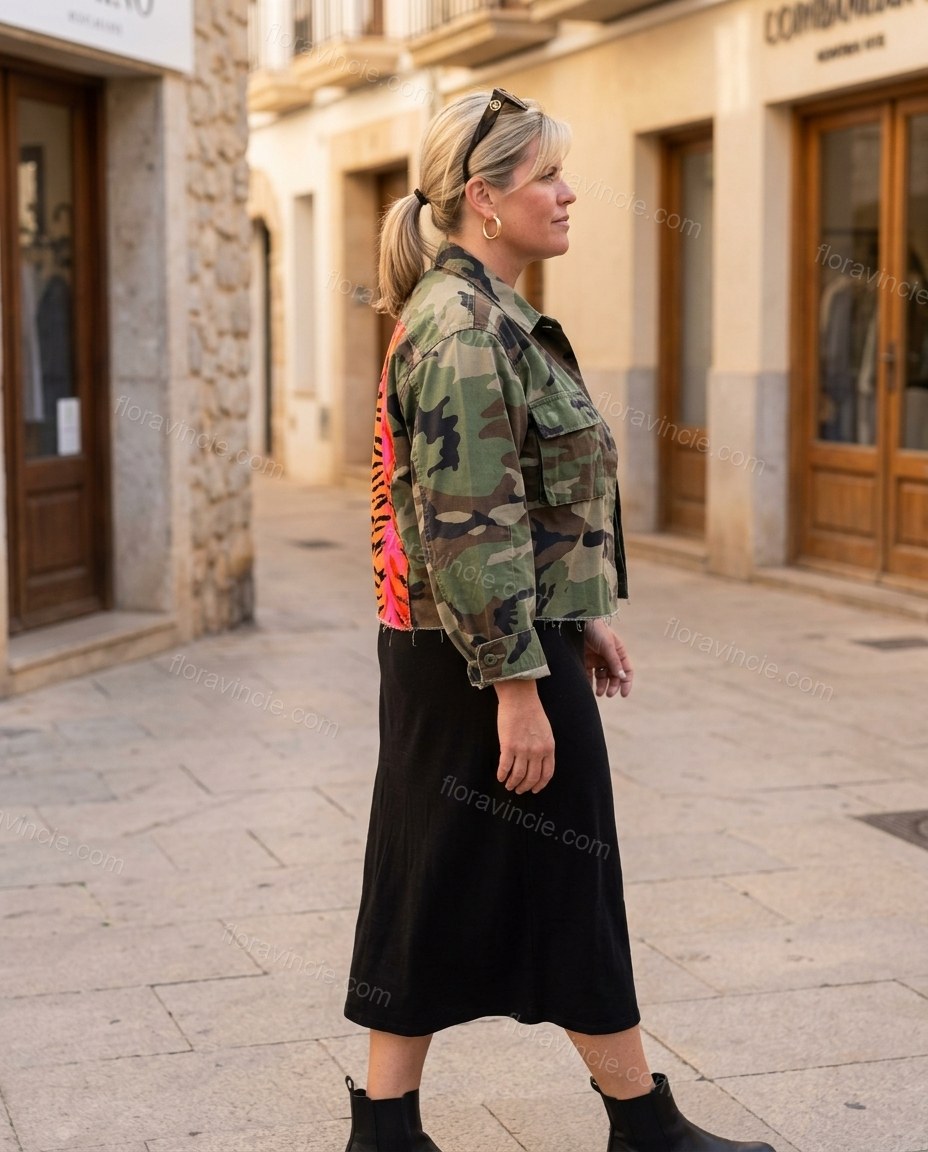 Green Jacket, walking lifestyle view, by Floravincie