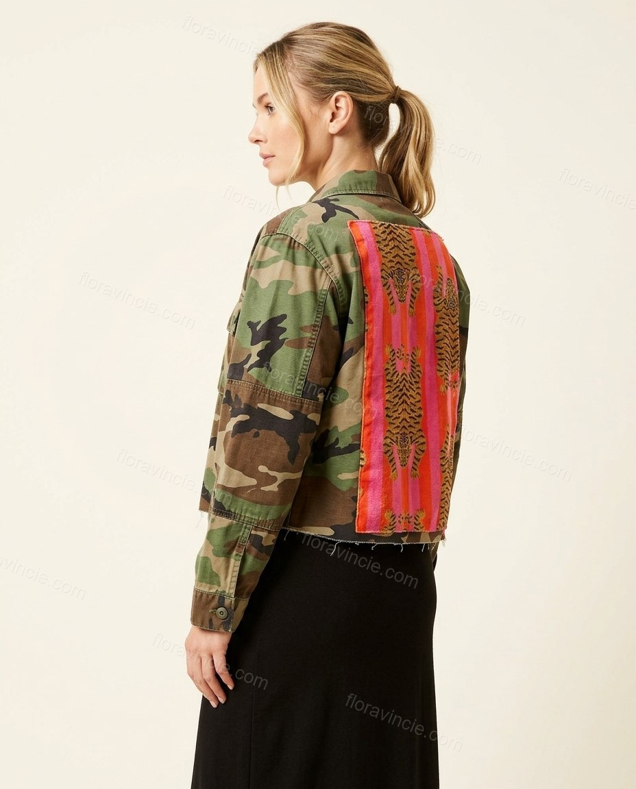 Green Jacket, back studio view showing large tiger print panel with decorative patches, by Floravincie