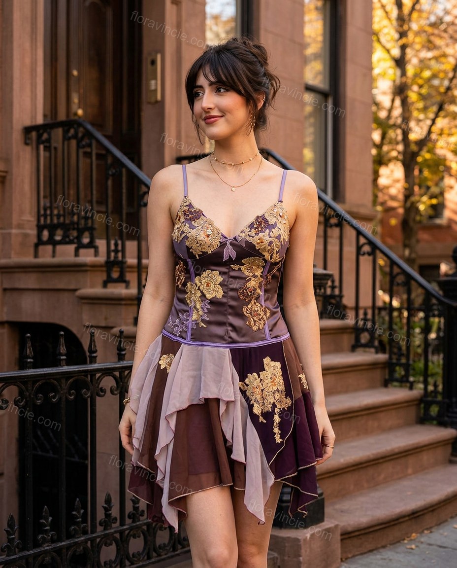 Dark Purple Floral Mini Embroidered Dress, walking lifestyle view, by Floravincie