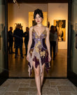 Dark Purple Floral Mini Embroidered Dress, three-quarter brand lifestyle view, by Floravincie