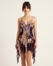Dark Purple Floral Mini Embroidered Dress, front studio view, by Floravincie