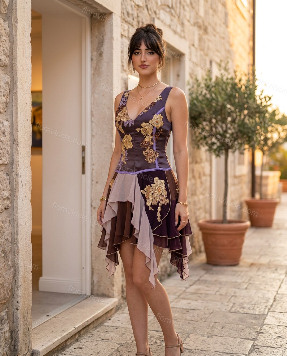 Dark Purple Floral Mini Embroidered Dress, alternate use-case lifestyle view, by Floravincie