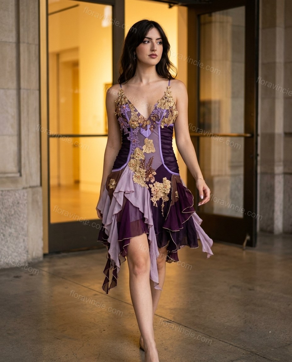 Dark Purple Floral Mini Embroidered Dress, movement and fit lifestyle view, by Floravincie