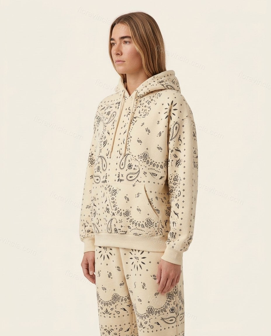Cream Paisley Knit Ribbed Pants Set, side and back studio view, by Floravincie