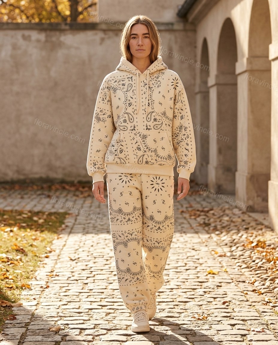 Cream Paisley Knit Ribbed Pants Set, movement and fit lifestyle view, by Floravincie