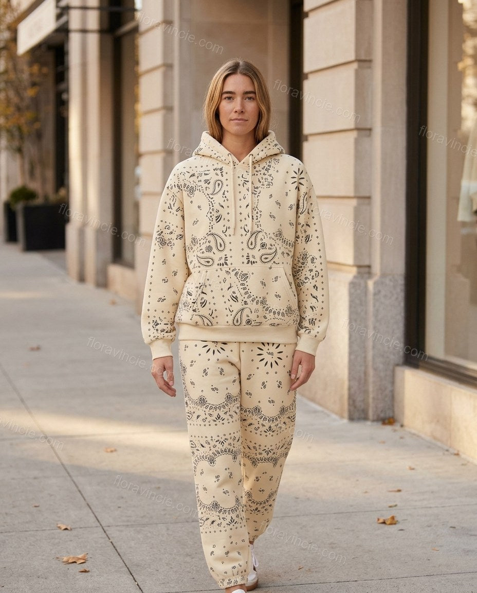 Cream Paisley Knit Ribbed Pants Set, walking lifestyle view, by Floravincie