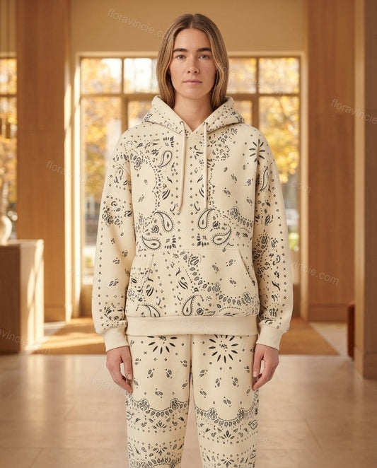Cream Paisley Knit Ribbed Pants Set, full-length hero view, by Floravincie