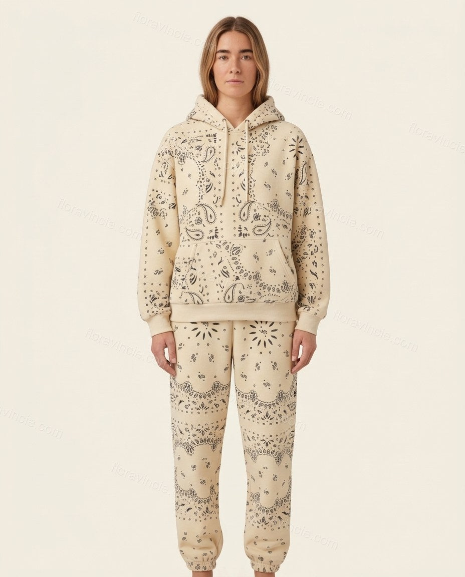 Cream Paisley Knit Ribbed Pants Set, front studio view, by Floravincie