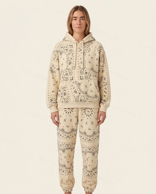 Cream Paisley Knit Ribbed Pants Set, front studio view, by Floravincie