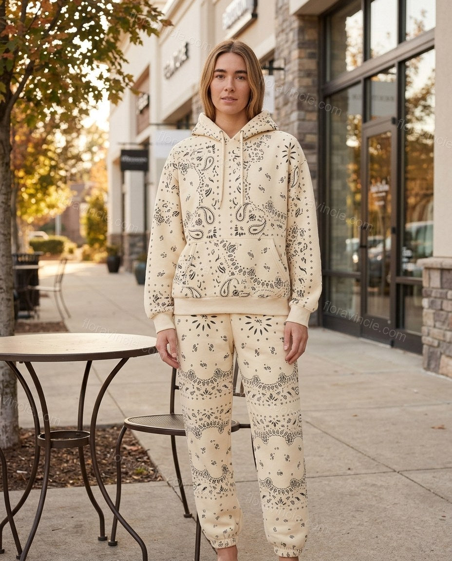 Cream Paisley Knit Ribbed Pants Set, three-quarter brand lifestyle view, by Floravincie