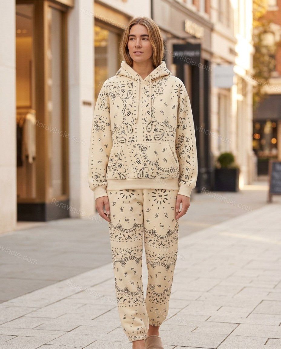 Cream Paisley Knit Ribbed Pants Set, alternate use-case lifestyle view, by Floravincie