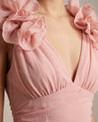 Blush Pink Maxi Ruffled Chiffon Dress, close-up of ruched bodice, floral appliques and cascading ruffles, by Floravincie