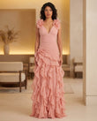 Blush Pink Maxi Ruffled Chiffon Dress, full-length hero view, by Floravincie