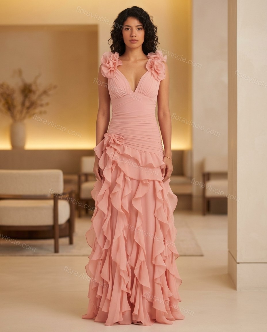 Blush Pink Maxi Ruffled Chiffon Dress, full-length hero view, by Floravincie