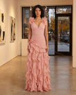 Blush Pink Maxi Ruffled Chiffon Dress, three-quarter brand lifestyle view, by Floravincie