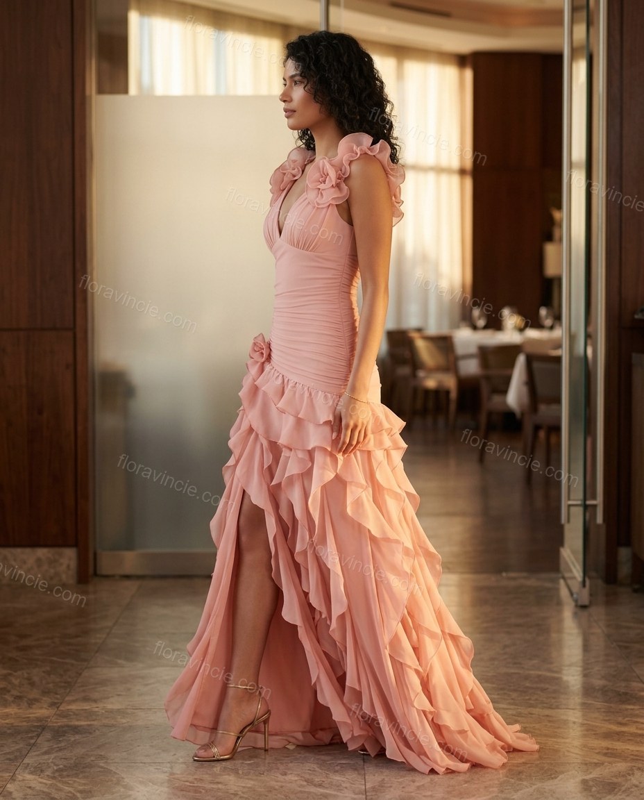 Blush Pink Maxi Ruffled Chiffon Dress, walking lifestyle view, by Floravincie