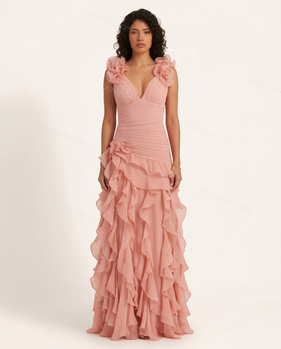 Blush Pink Maxi Ruffled Chiffon Dress, front studio view, by Floravincie